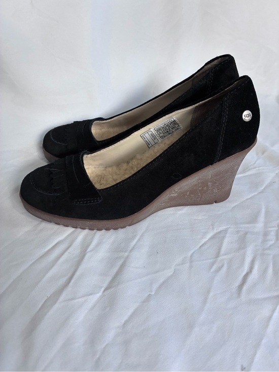 UGG Shoes - UGG Black Suede Sheepskin Lined Wedge Loafers with Brown Wedge